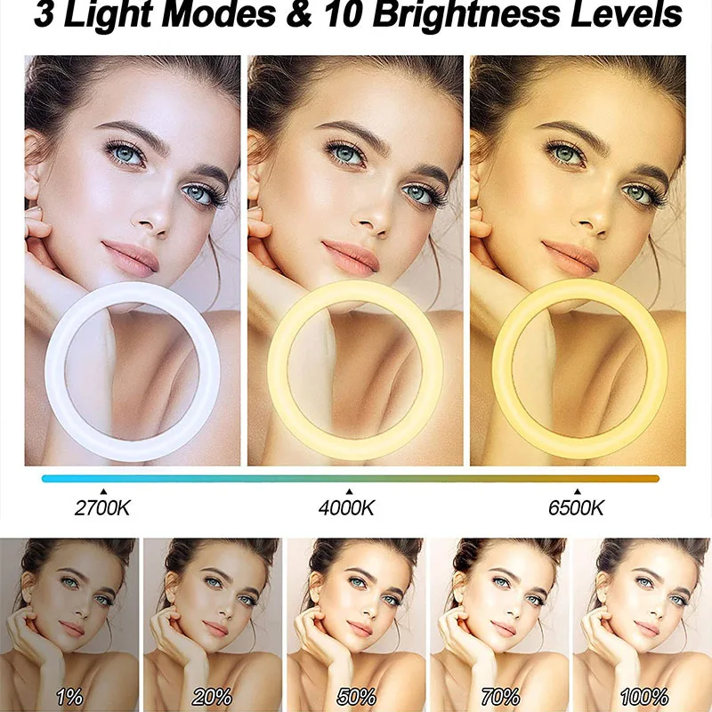 인기있는 LED 링 라이트, 유튜브 틱톡 비디오 라이브 전화 거치대 원형 사진 조명, 18 인치, 3 색 셀카 뷰티 라이트
