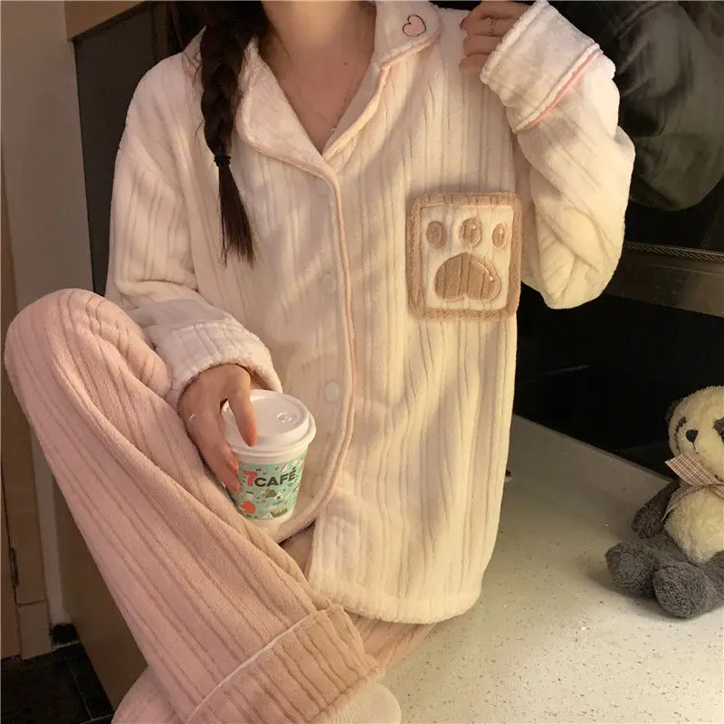 Flannel Pyjamas Women Warm Pijama Mujer Winter Cute Cardigan Loungewear Pijamas Sleepwear Kawaii Clothes Pijama Femme Ensemble