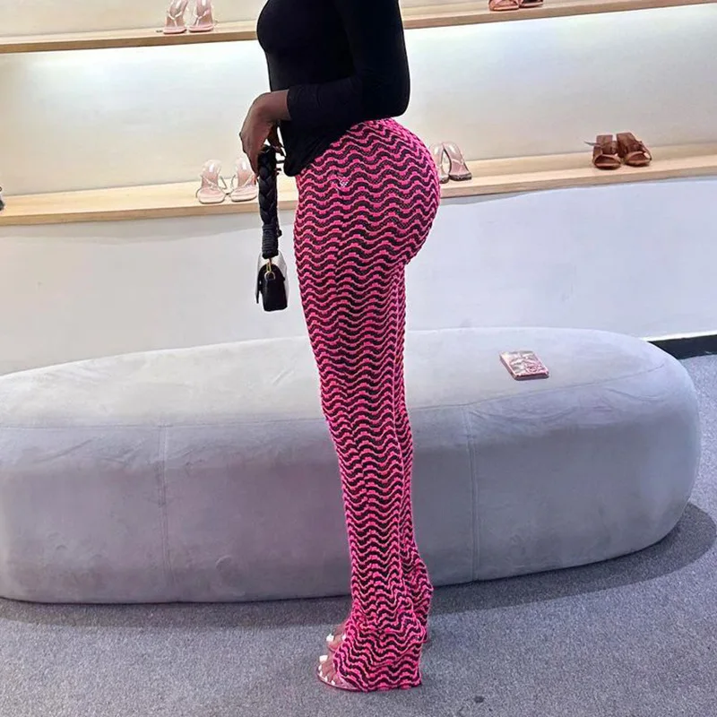 Description Picture 4 of itemBOOFEENAA Black and White Wave Striped Knitted Pant for Woman Y2k Streetwear Sexy High Waist Extra Long Stacked Pants C66-CF26