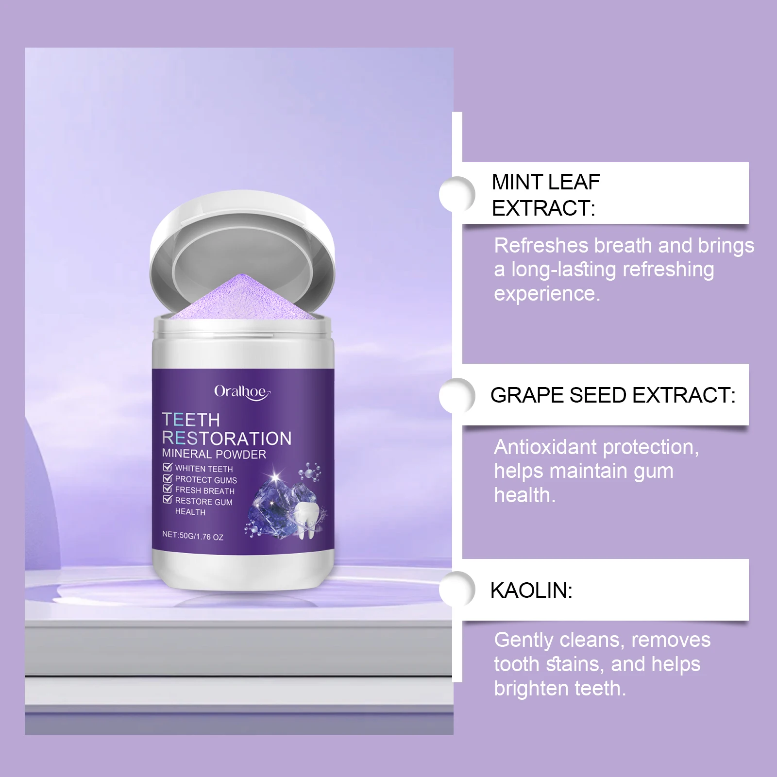 Teeth Restoration Mineral Powder Tooth Whiter Remove Stain Oral Clean Fresh Breath Improve Smell Purple Bleaching Toothpaste