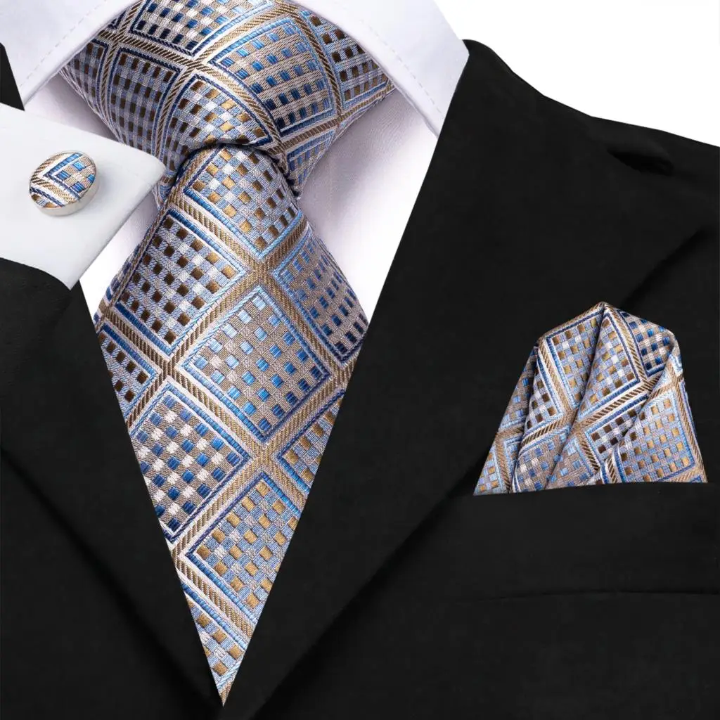 Plaid Braun Blau Seide Hochzeit Krawatte Für Männer Einstecktuch Manschettenknopf Geschenk Männer Krawatte Fashion Business Party Dropshipping Hallo-krawatte Designer – Detail 7