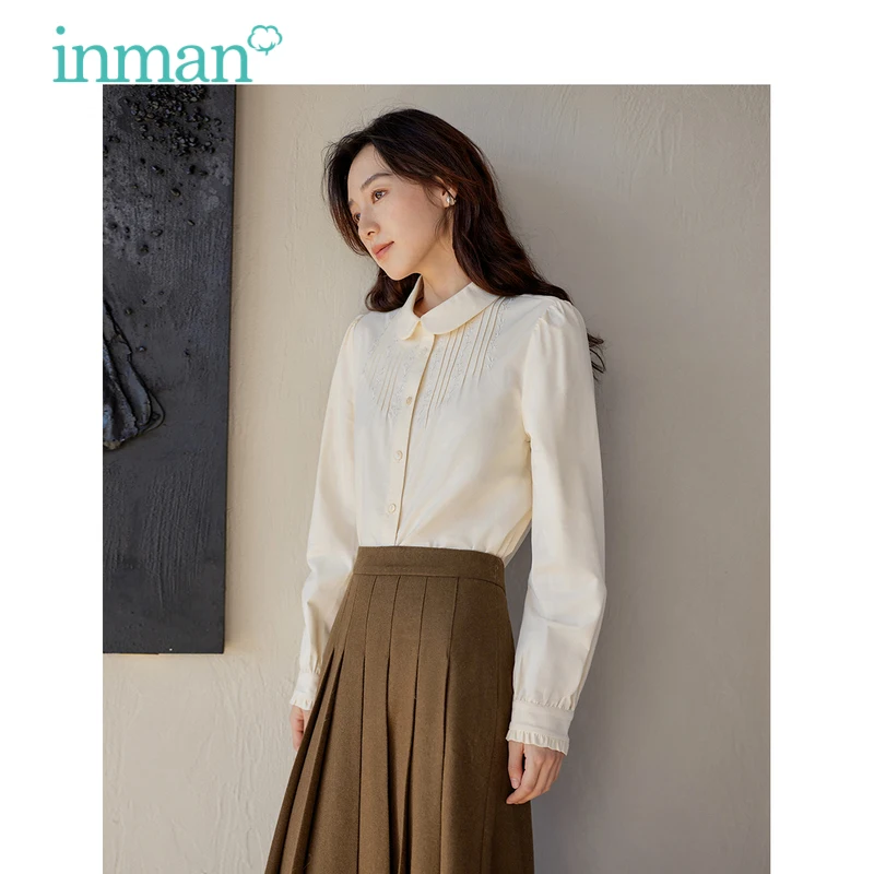 INMAN Women Blouse 2023 Winter Long Sleeve Peter Pan Collar Loose Shirt Embroidery Fashion Beautiful Apricot Blue Tops