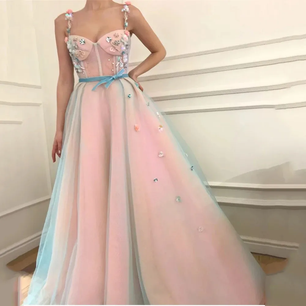 

Lovely Pink Prom Dresses Beads 3D Floral Spaghetti Straps Baby Blue Formal Evening Party Gowns Wedding Guest Robe De Soiree