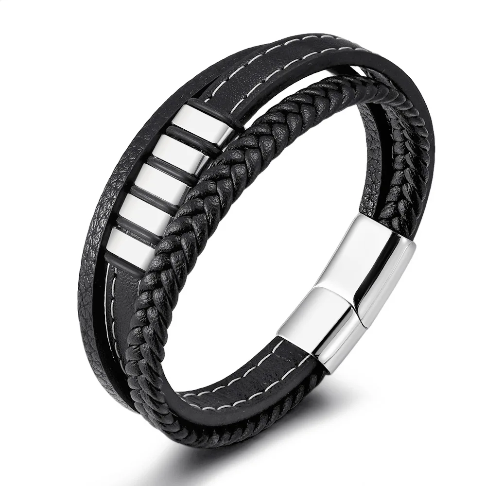 

Light luxury fashion multi-layer hand-woven cowhide leather stainless steel charm bracelet for men