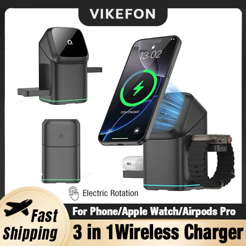 3-in-1 Electric Rotation Magnetic Wireless Charger With LED Breathing Light For Mag Safe IPhone 16 15 14 13 12 IPhone Watch Pro_voghion.com