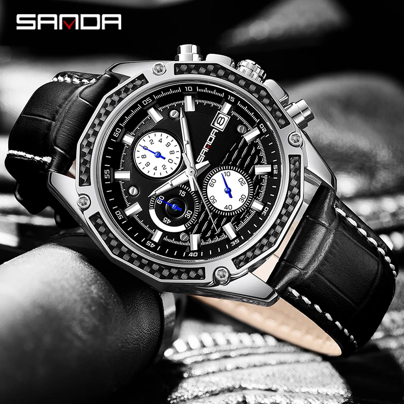 2023 SANDA New Quartz Watch Belt with Three Eyes and Six Needles Fashion Trend with Calendar Men's Fluorescent Quartz Watch 5301