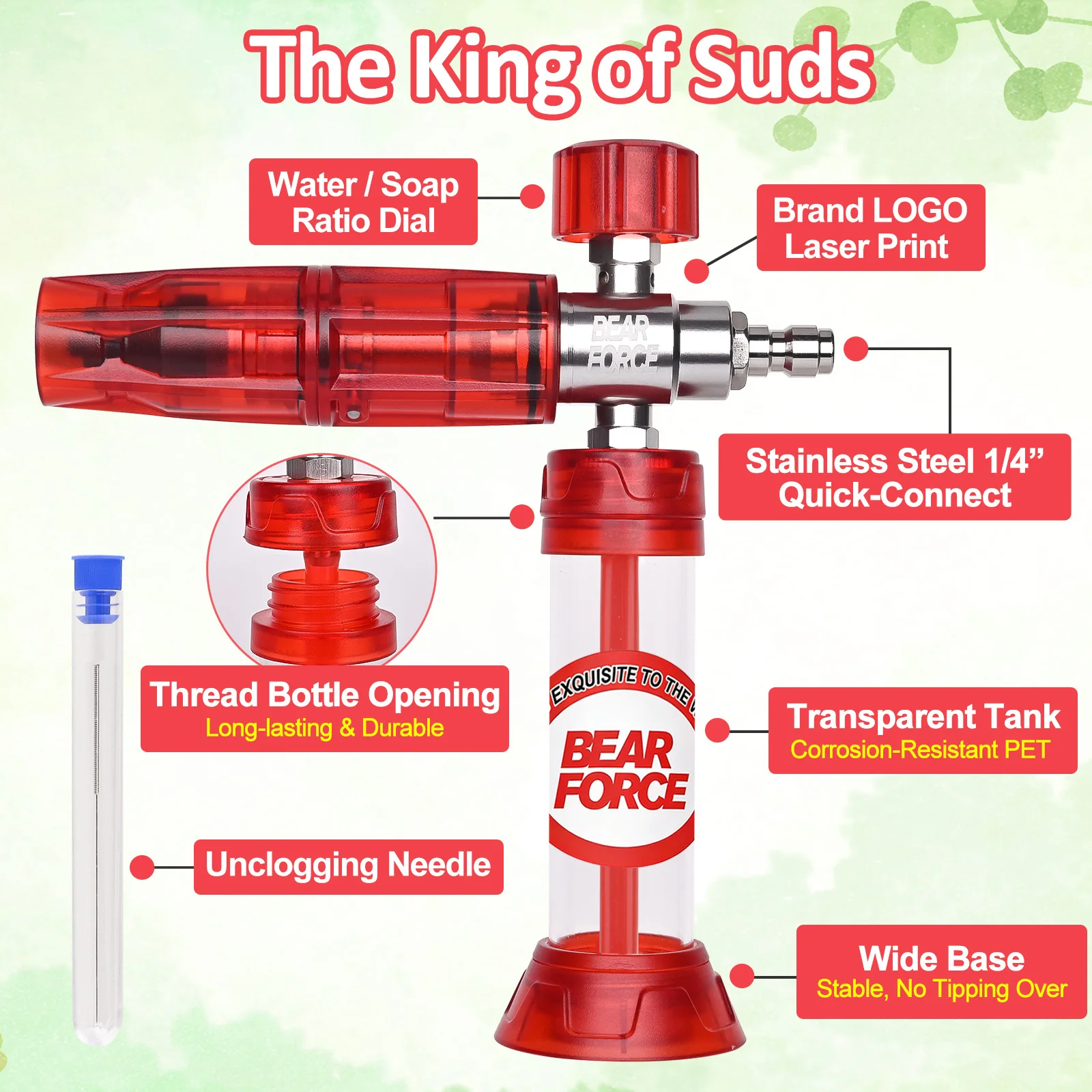 베어 포스 업그레이드 압력 미니 폼 캐논 프로 (1/4인치 퀵 커넥터, 360도 회전) ° 압력 세척기용 조절식 스노우 폼 랜스