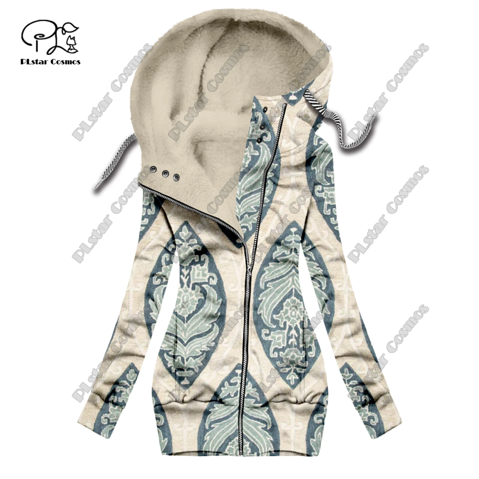 New 3D printing retro series carpet print pattern plus velvet warm women's long zipper hoodie jacket commuting casual winter F-9