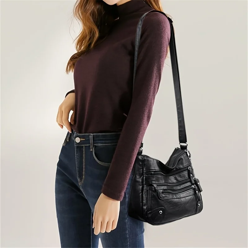 Stylish Multi Zipper Crossbody Bags, Soft Vegan Pu Leather Shoulder Bag, Women's Multi Pockets Handbag Purse for Women Daily Use