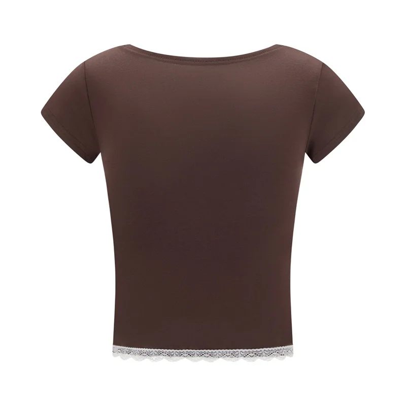y2k Lace Trim Crop Top Women Sweetheart Neck Short Sleeve T Shirt with Bow Coquette Aesthetic Clothes 2000s Streetwear
