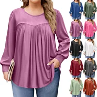 Plus Size Long Sleeved Tops Women's Spring and Autumn Round Neck Front Pleated Flowy Tunic Solid Color Casual Loose Blouse, L-5X - Image 6