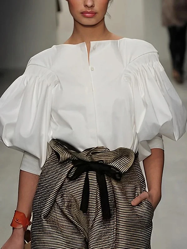

Modigirl Summer Fashion Solid Color Puff Sleeves Buttoned Blouses 2024 New Womens Elegant Casual Shirts Tops