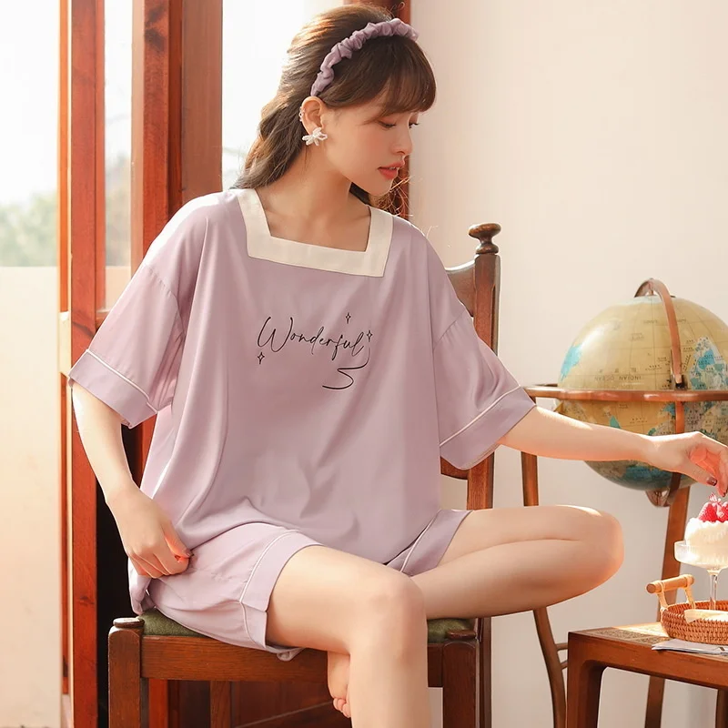 Spring And Autumn Pajamas, Women's Summer New Ice Silk Short Sleeved Shorts, Korean Version Large Thin Home Clothes pajama sets