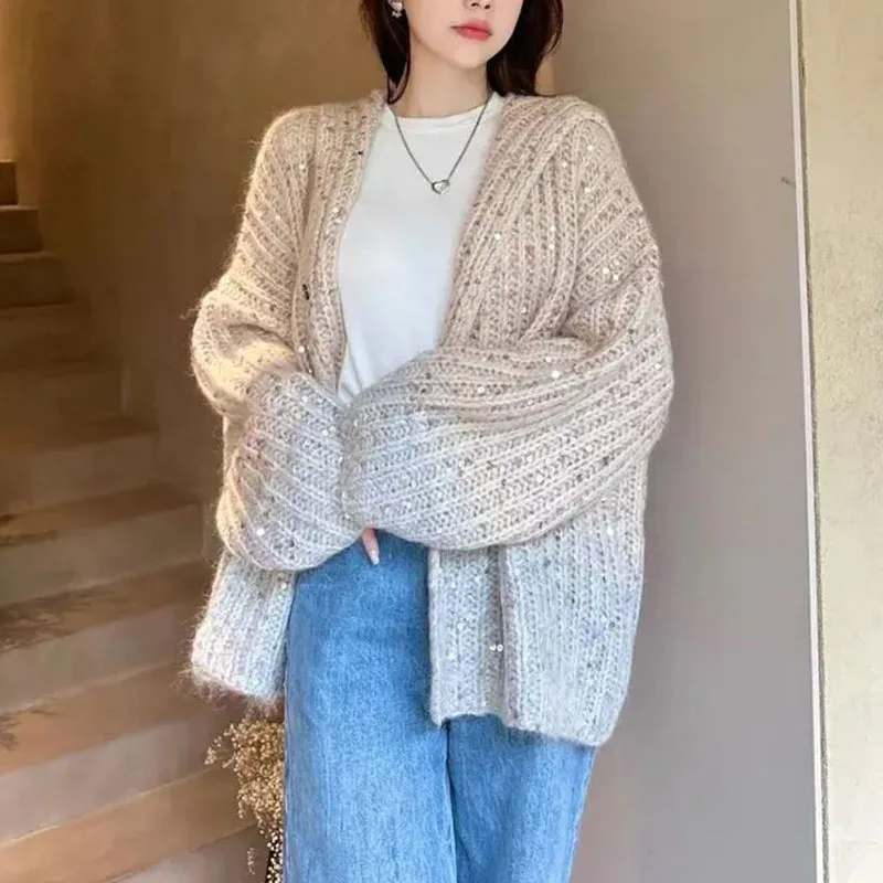 

Autumn winter hooded sweater female cardigan korean fashion Sequin knitwear women's sweater jacket long sleeve casual knit tops