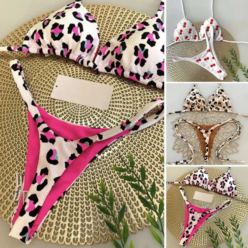 Lace-up Bikini Leopard Print Halter Cherry Print Thong Swimsuit High Waist Bathing Suit women swimsuit women two piece sets for Women