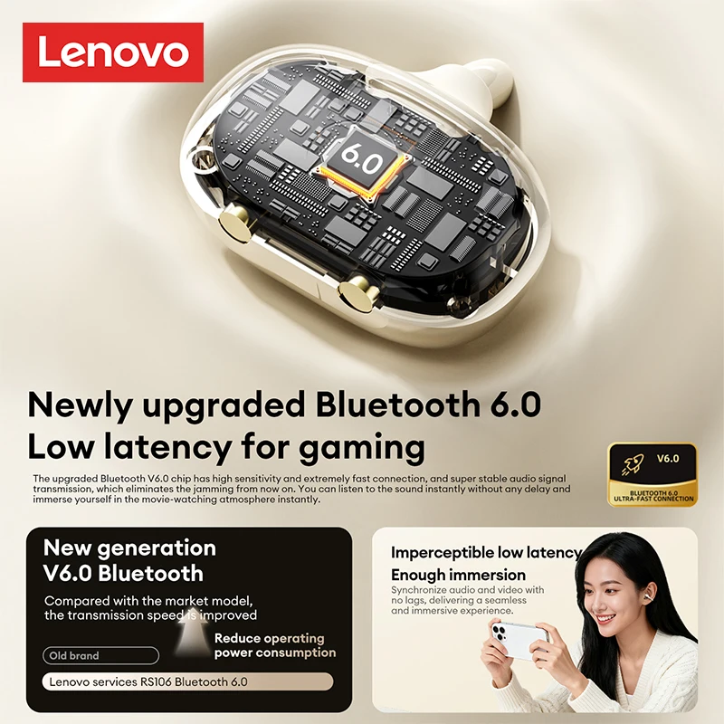 Lenovo RS106 OWS Ear Clip Bluetooth 6.0 Earphones Stereo Sound Sports Music Wireless Headphones Low Latency HD Call Earbuds New - Imagen 4