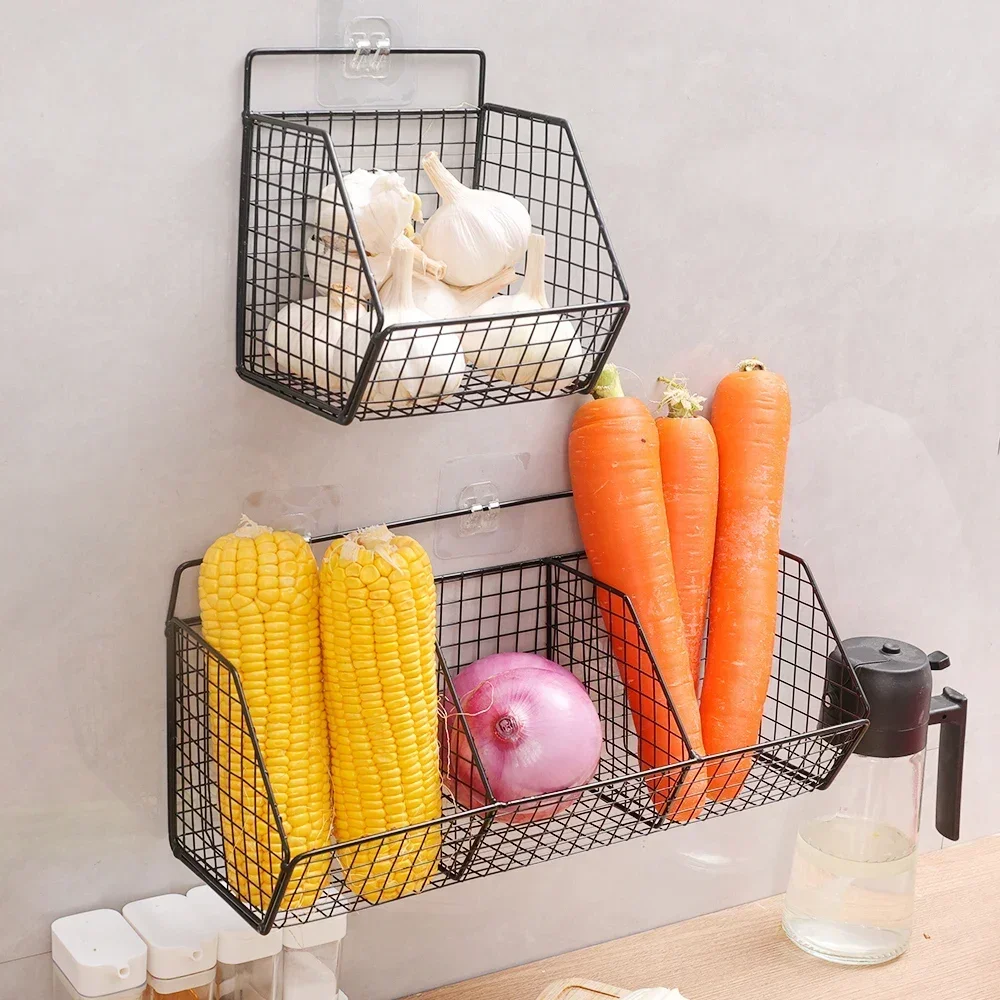 Cozinha montado parede rack de armazenamento legumes frutas titular cebola condimentos tempero camada prateleira armazenamento 3