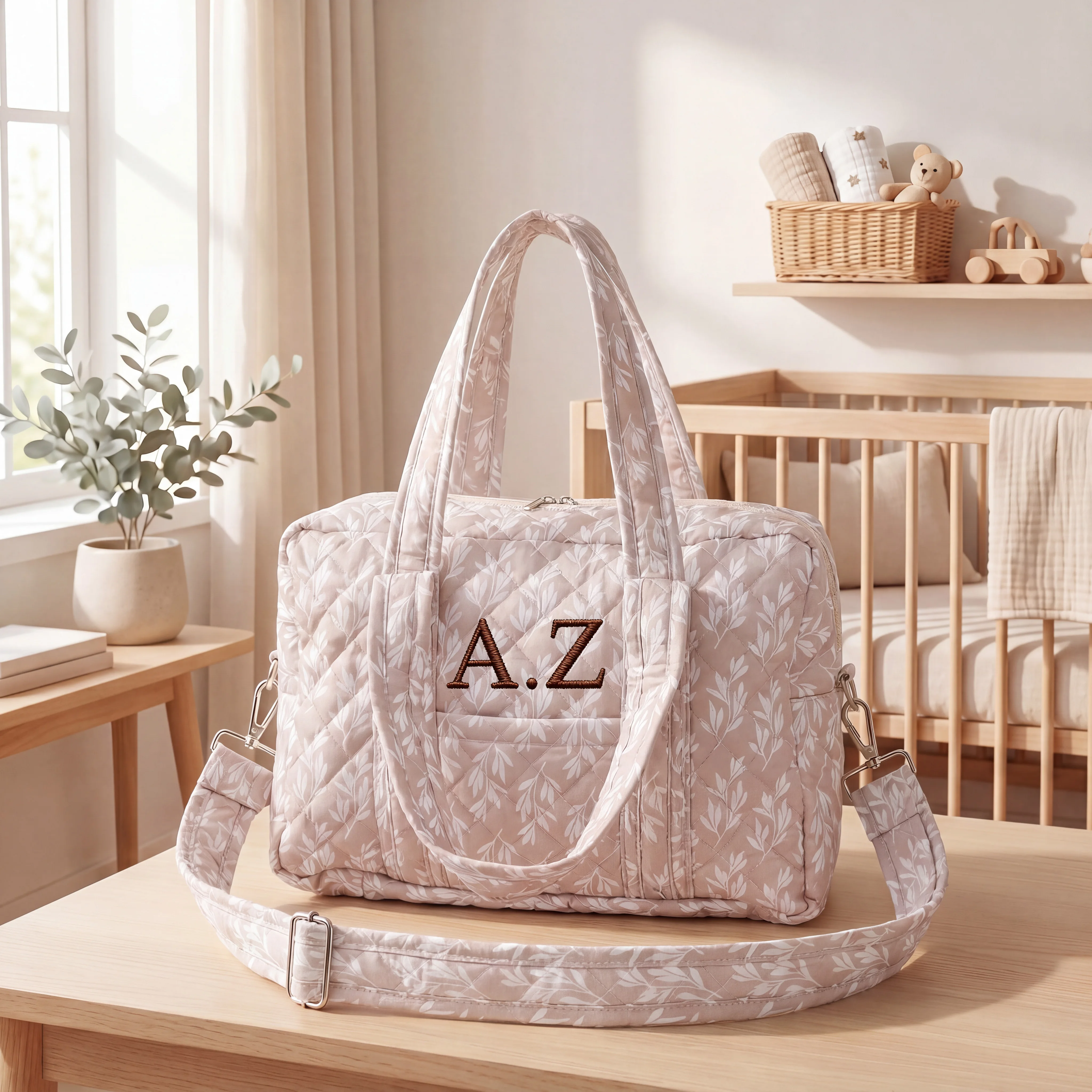 1 borsa per pannolini personalizzata con nome ricamato, borsa tote trapuntata floreale per mamma, borsa da viaggio per neonati a grande capacità con tasche multiple - immagine 2