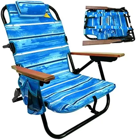 

Beach Chair 5 Reclining Positions Cup Holder Pouch on Side Padded Pillow Storage Bag on Back Lightweight Rustproof Aluminum Blac