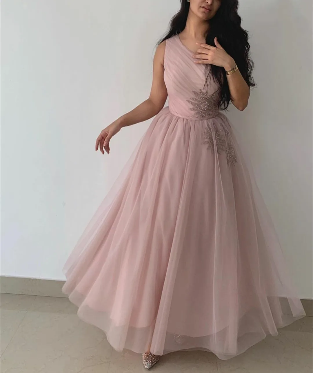 

AsaNagi Pink Tulle Evening Dresses A Line Beads One Shoulder Sleeveless Floor Length Party Prom Dress Robes De Soirée 2023