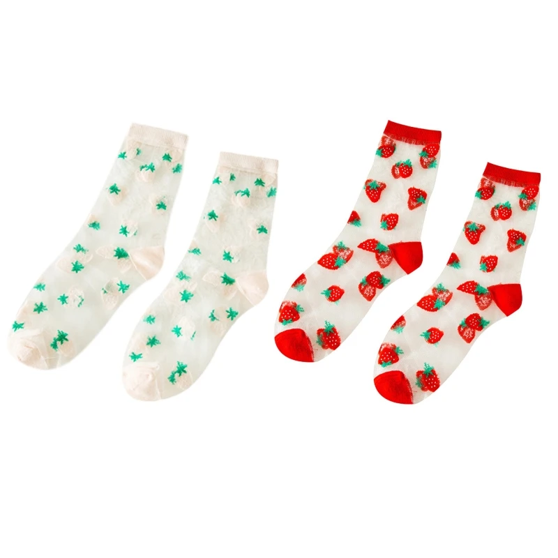 

YUYU Women Summer Breathable Mesh Socks Harajuku Sweet Strawberry Fruit Print Glass Silky Transparent Hosiery