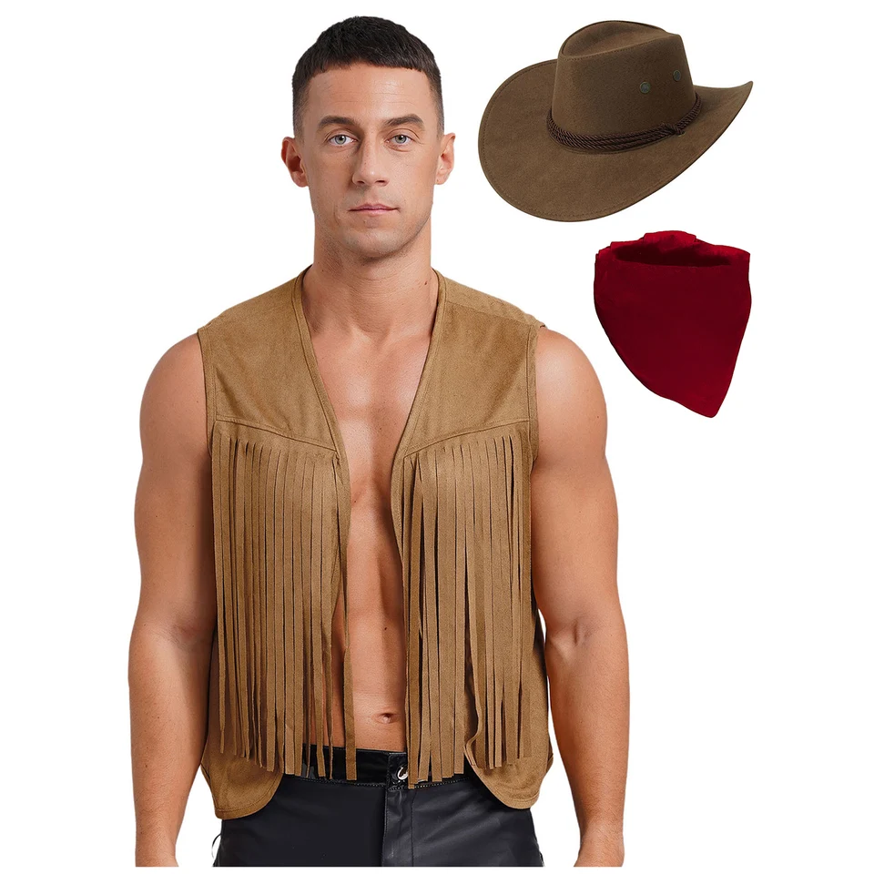 Gilet Uomo In Pelle Scamosciata Con Frange – Stile Cowboy Hippie Anni '70 Per Festival E Feste A Tema - 3
