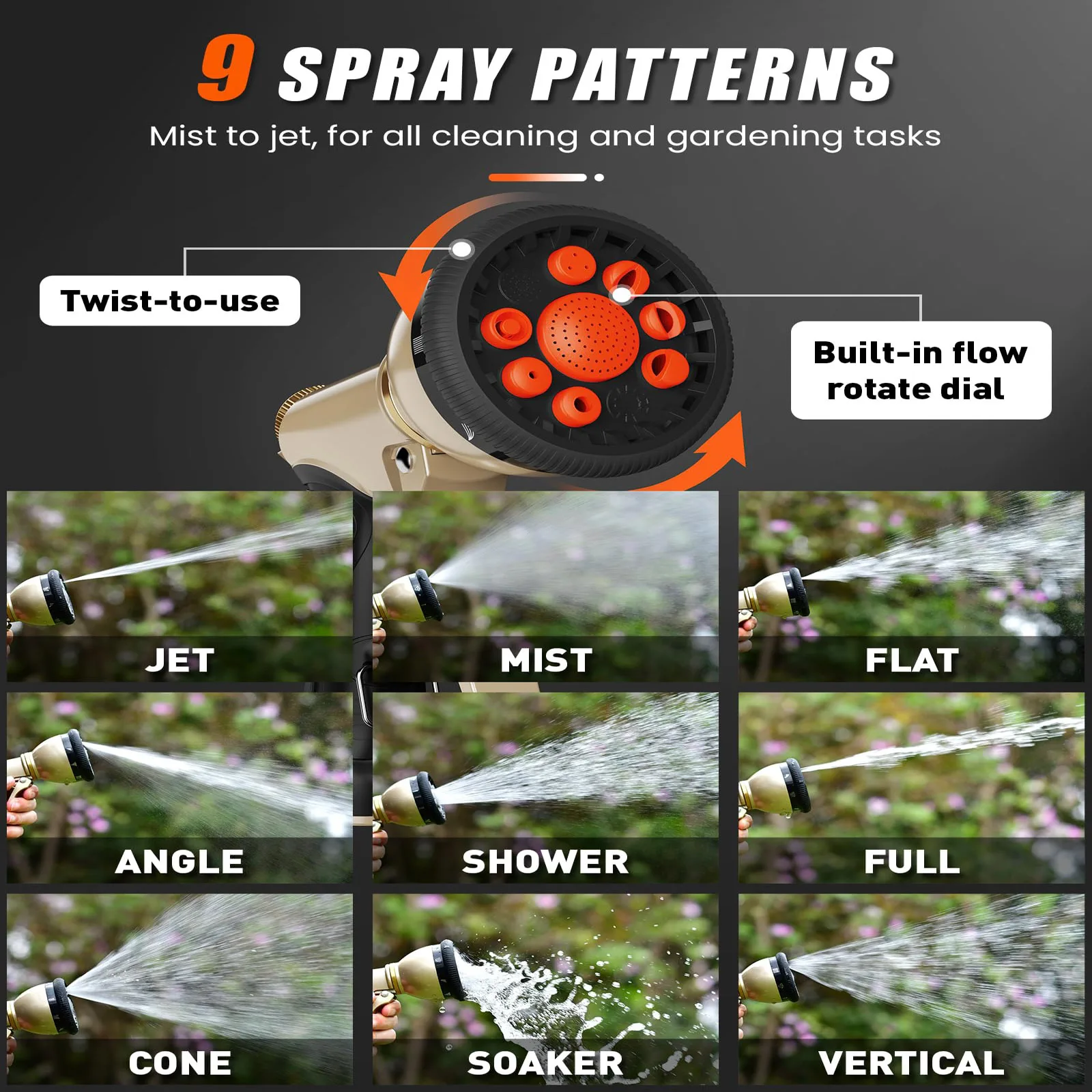 Garden Hose Nozzle with 9 Sprayer Patterns, Heavy Duty Metal High Pressure Hand Water Hose Nozzle Watering Plants and Lawn 5