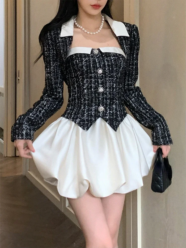 Elegant 2 Piece Dress Set Woman Black Crop Tops + Slim Sleeveless Y2k Mini Dress Corest Corset Korean Fashion Suit 2024 Autumn