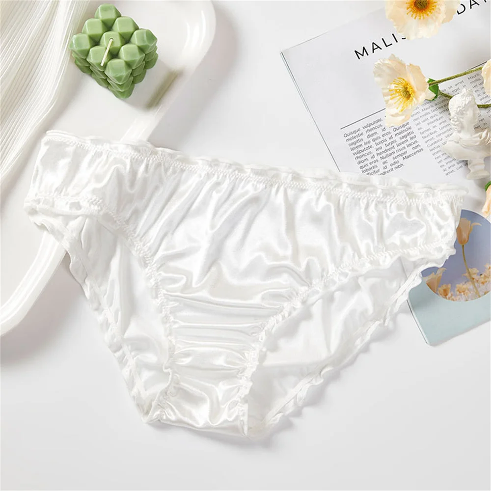 Ladies Frill Trim Satin Ice Silk Seamless No Show Underwear Invisible Briefs Plus Size Women's Panties S/M/L/XL
