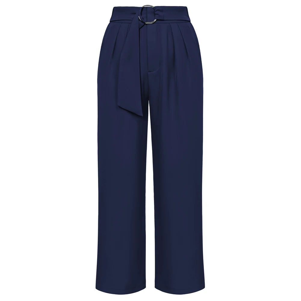 GK Women Straight Leg Capris OL Elastic Waist Cropped Length Pants With Belt Pockets Decor Fashion Office Lady Casual Trousers