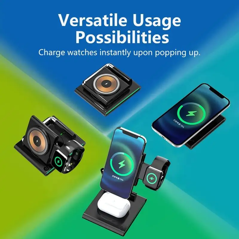 

Foldable RGB Wireless Charger for iPhone 15 14 13 12 Pro LED Dock Station for Apple Watch S9 Ultra 2 AirPods Pro IWatch Holder