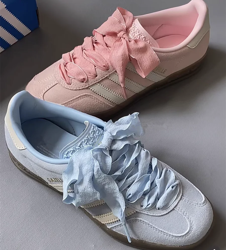2.5cm Wide Fishtail Yarn Shoelaces Pleated Lotus Leaf Edge Bowknot Sneaker Sport DE Training Shoes White Leather Leisure Casual