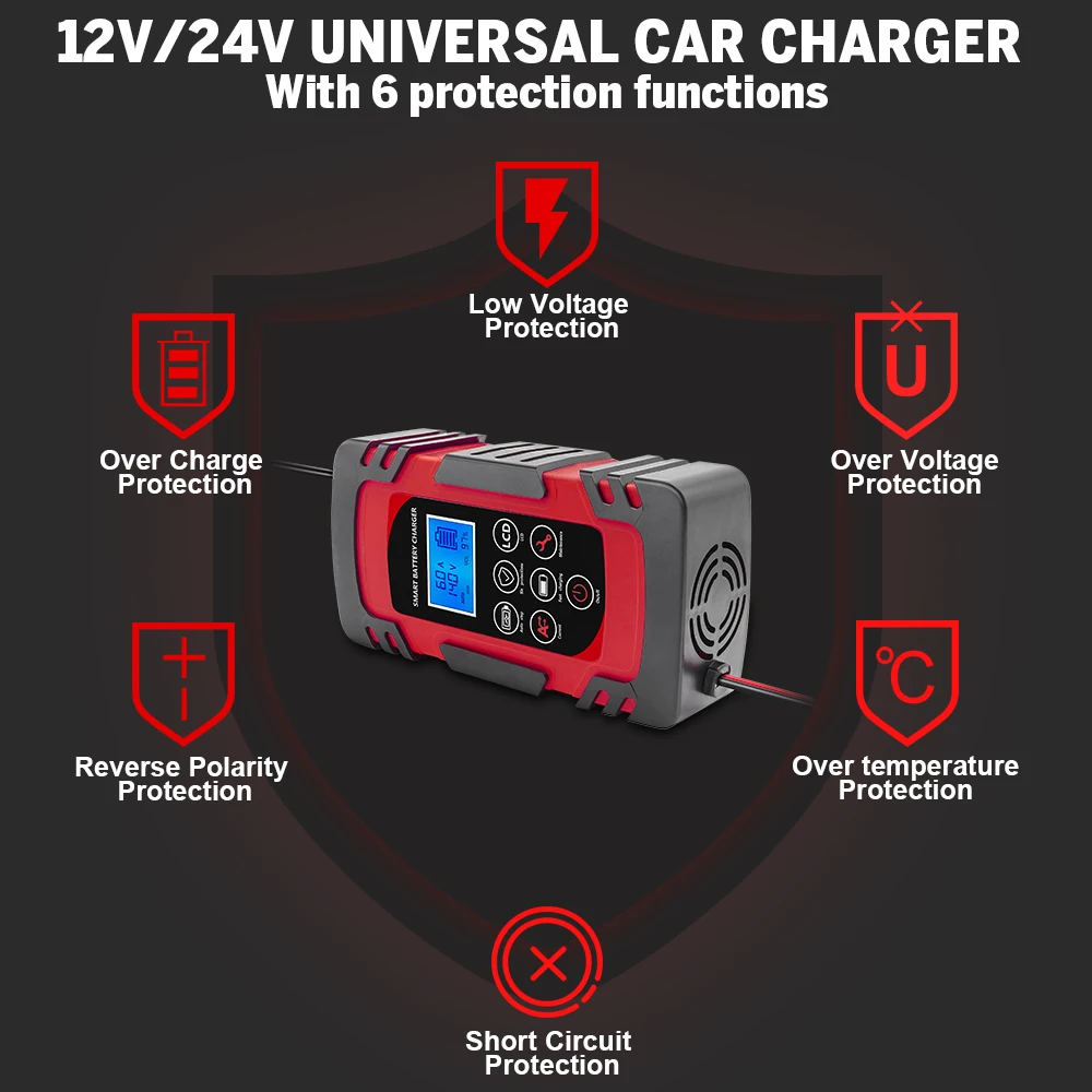 JFIND New Fully Automatic Battery Charger 12V 24V Smart Battery Pulse Repair Tools Lead Acid Battery Charger LCD Digital Display 6