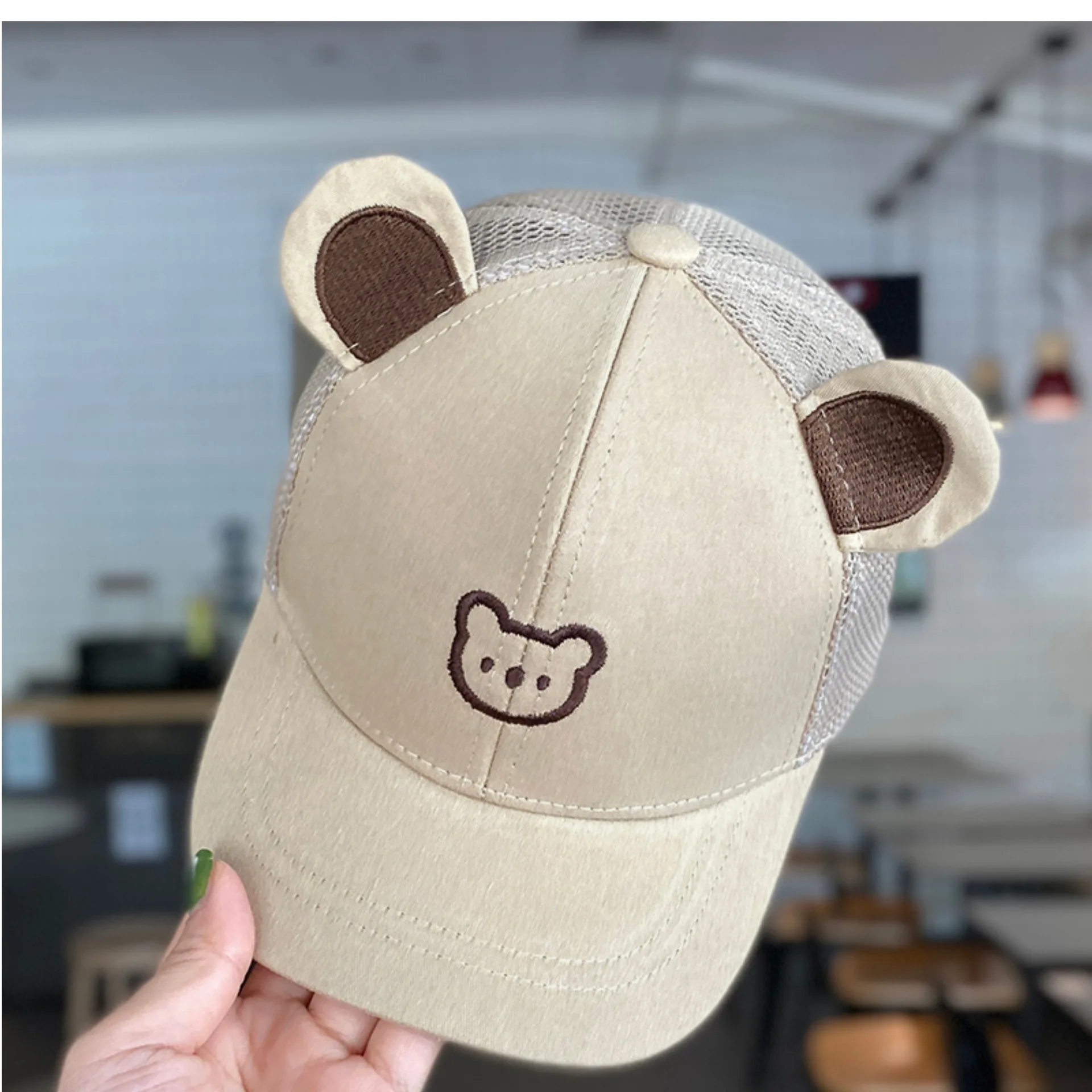 Fashion Tan Hat with Bear Design Hand-Knit Bear Baby Hat in Tan Fall Winter Gift – The  main image 2