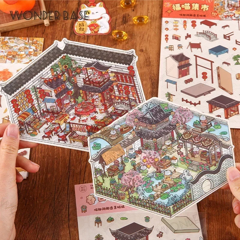 Cartoon Cat Leisure Life in 4 Seasons DIY Miniature Scene Stickers 3D Pocket Cabin Scene Stacking Pasting Gift for Kid Child
