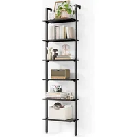 Ladder Shelf, 6 Tier Black Bookshelf, 86 Inch Wall Mounted Book Shelf with Metal Frame, Ladder Bookshelf Bookcase for Bedroom 1