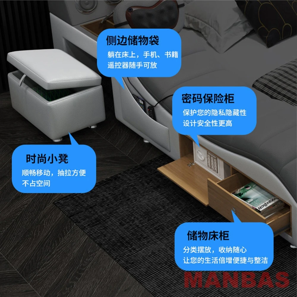 MINGDIBAO Tech Smart Bed - Genuine Leather Upholstery, Multifunctional Bed Frame, Massage, Speaker, Projector and Air Purifier