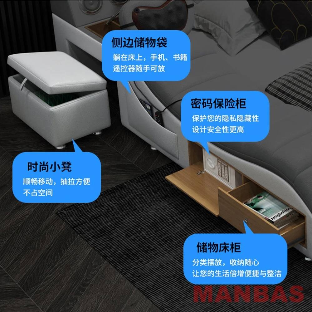 MINGDIBAO Tech Smart Bed-Genuine Leather Upholstery, Multifunctional Bed Frame, Massage, Speaker, Projector and Air Purifier