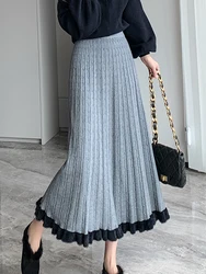 Knitted Long Skirt Women Winter Warm Midi Skirt Female Elegant Casual Pleated Skirt Lady Korean Fashion High Waist A Line Skirt