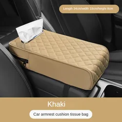Universal Leather Car Armrest Cover with Memory Foam and Tissue Storage (Box Mat Beige)