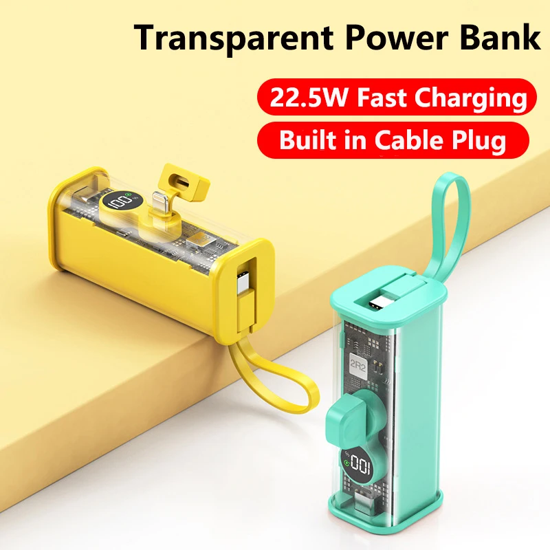 

Mini Transparent Power Bank 5000mAh Built in Cable Plug for iPhone 14 13 12 Samsung Huawei Xiaomi 22.5W Fast Charging Powerbank