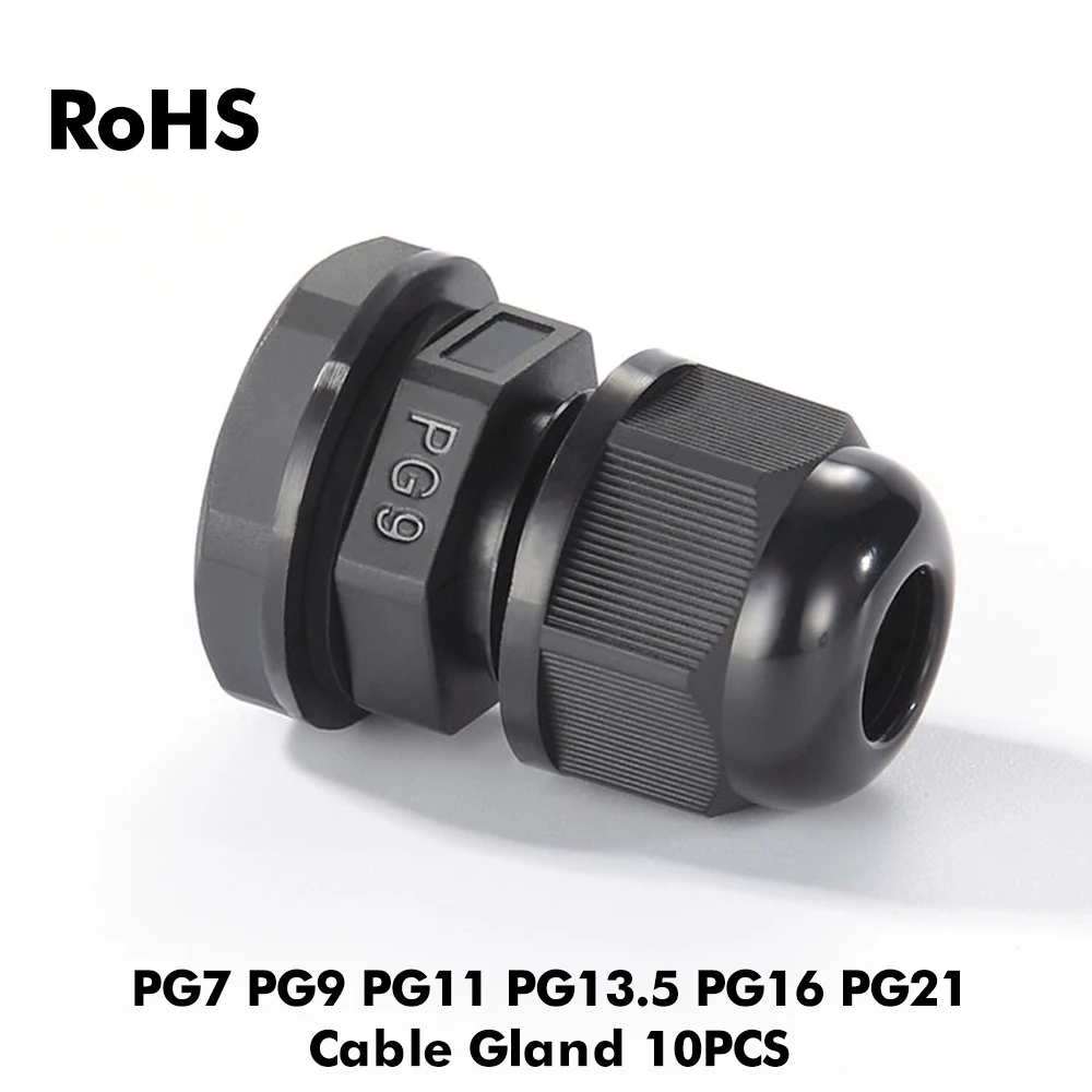 10 PCS Nylon Cable Glands Waterproof IP68 Black Gray Size Thread PG7 PG9 PG11 PG13.5 PG16 PG21 Cord Grips Outdoor Wire Sealing