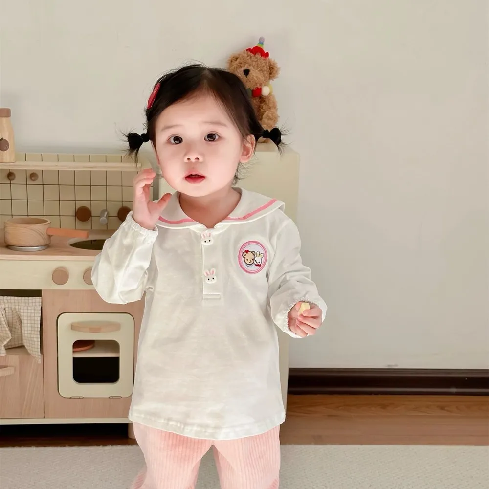 

kids tops baby girls clothes baby boys t-shirts Cartoon pattern embroidered navy lapel casual T-shirt