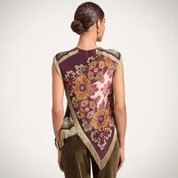 Haut à imprimé floral tendance avec franges pour femme, chemisier en satin vintage à col rond sans manches et ourlet asymétrique, hauts chics pour femme 2026 2