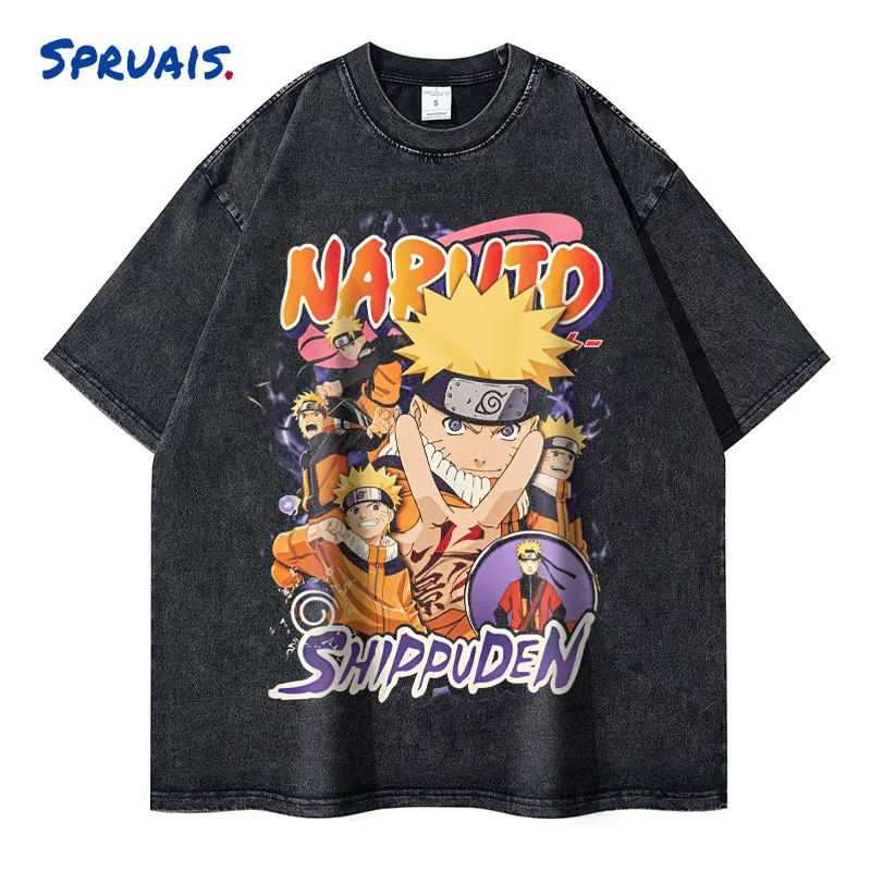 

Anime Naruto T-shirts Vintage Washed Uchiha Itachi T Shirt Oversized Streetwear Manga Kakashi Minato Obito Tops Tees Man Cotton