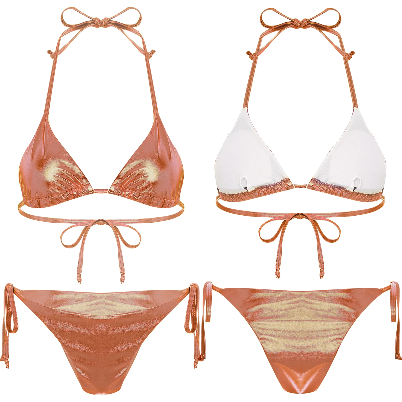 Minibikini con cordones brillantes metálicos para mujer, traje de baño acolchado con copa triangular, Top con bragas, traje de baño Sexy de 2 piezas, traje de baño para playa