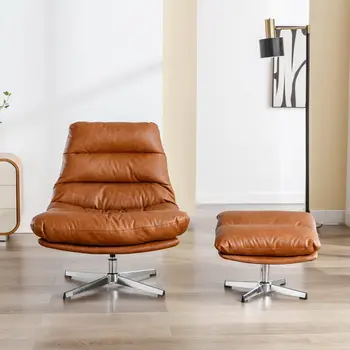 Comfy Accent Swivel Lounge Chair with Ottoman, Faux Leather Upholstered Oversized Club Chair, for Living Room/Bedroom, Brown 2