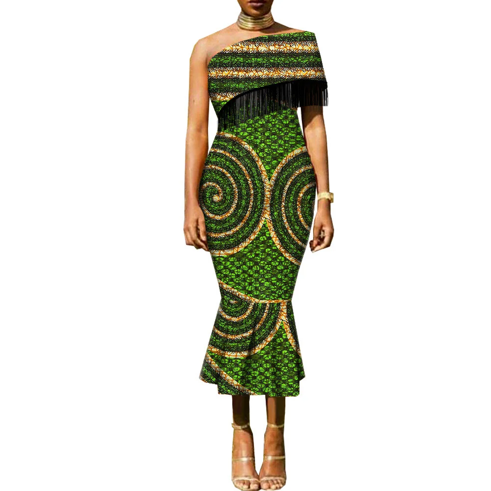 

African Dresses for Women Tassel Off Shoulder High Waist Ankara Print Attire Party Elegant Maxi Dress Dashiki Outfits Fashion