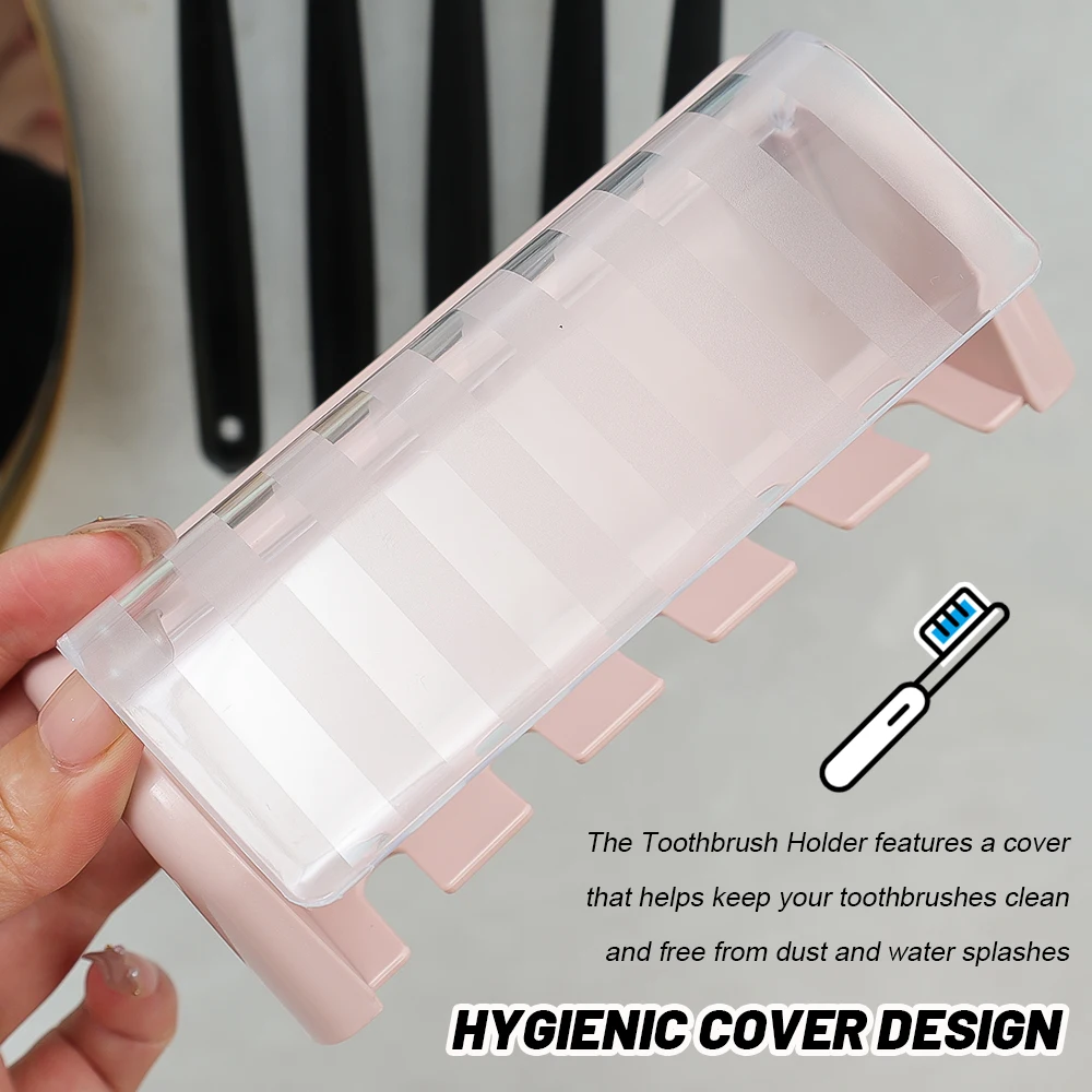 Toothbrush Holder Bathroom Storage Rack Bathroom Wallmount Toothbrush Holder with Cover 5 Slots Without Drilling Home Bathroom Self Adhered Toothbrush Storage Racks