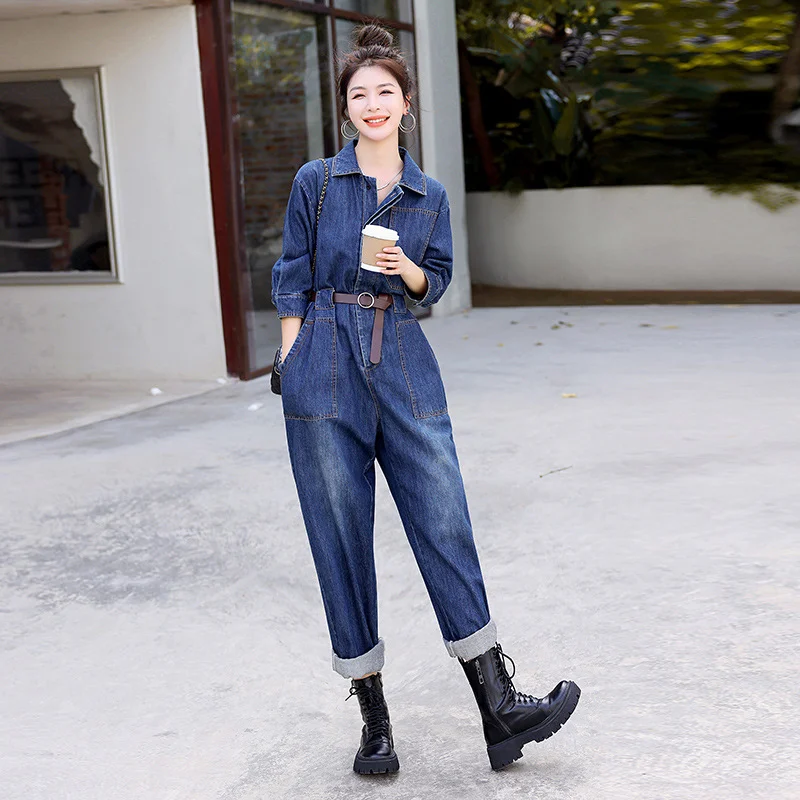 

Denim Jumpsuits Women 2023 Autumn Cotton Cargo Playsuits Belt Dungaree Lapel Fashion Elegant Age-reducing Overalls High Waist